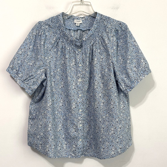 J. Crew Tops - J Crew Blouse XXL Blue‎ Floral Print Puff Sleeve Button Front Preppy Linen Blend